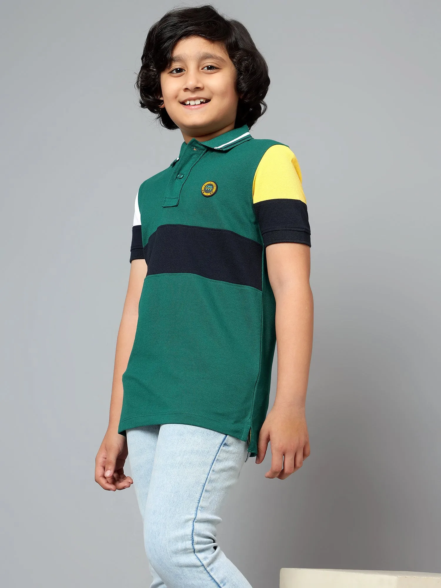 Cantabil Boy's Green Color Block Polo Neck Half Sleeve T-shirt