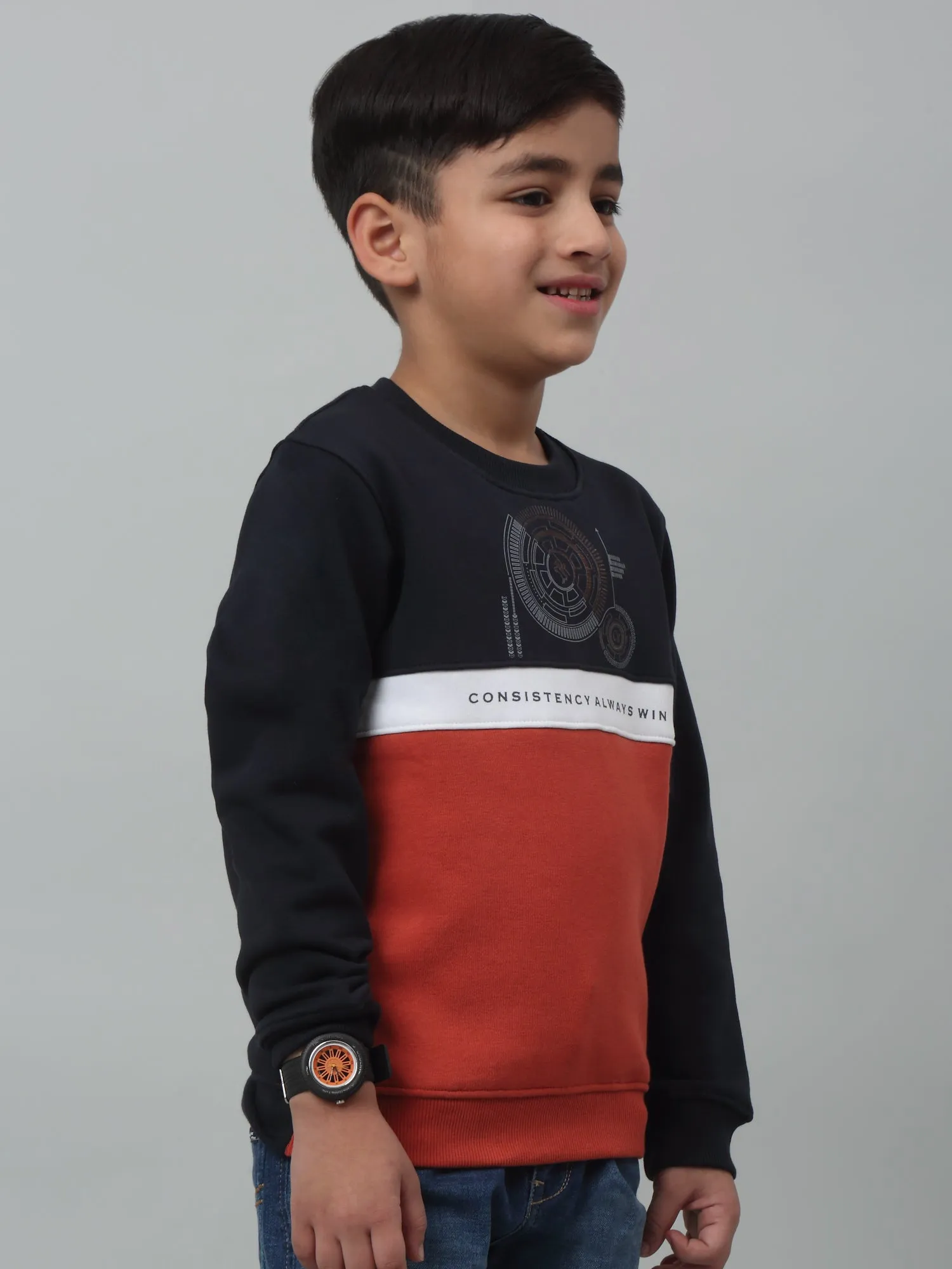 Cantabil Boys Navy Blue Colour Block Round Neck Sweatshirt For Winter