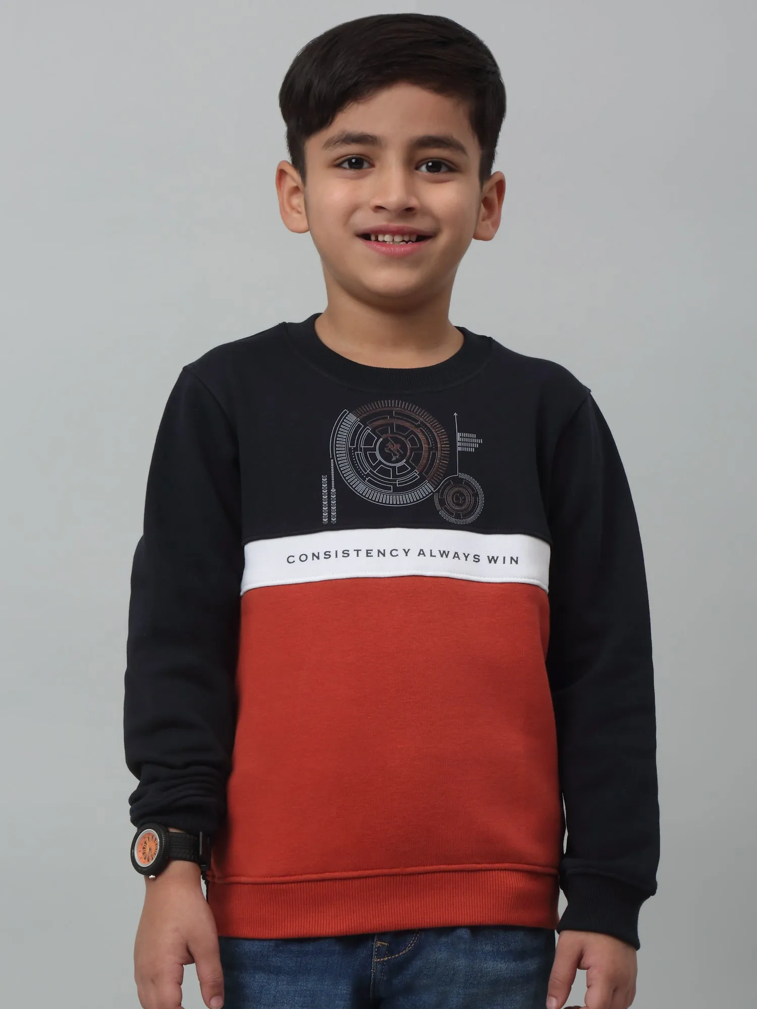 Cantabil Boys Navy Blue Colour Block Round Neck Sweatshirt For Winter