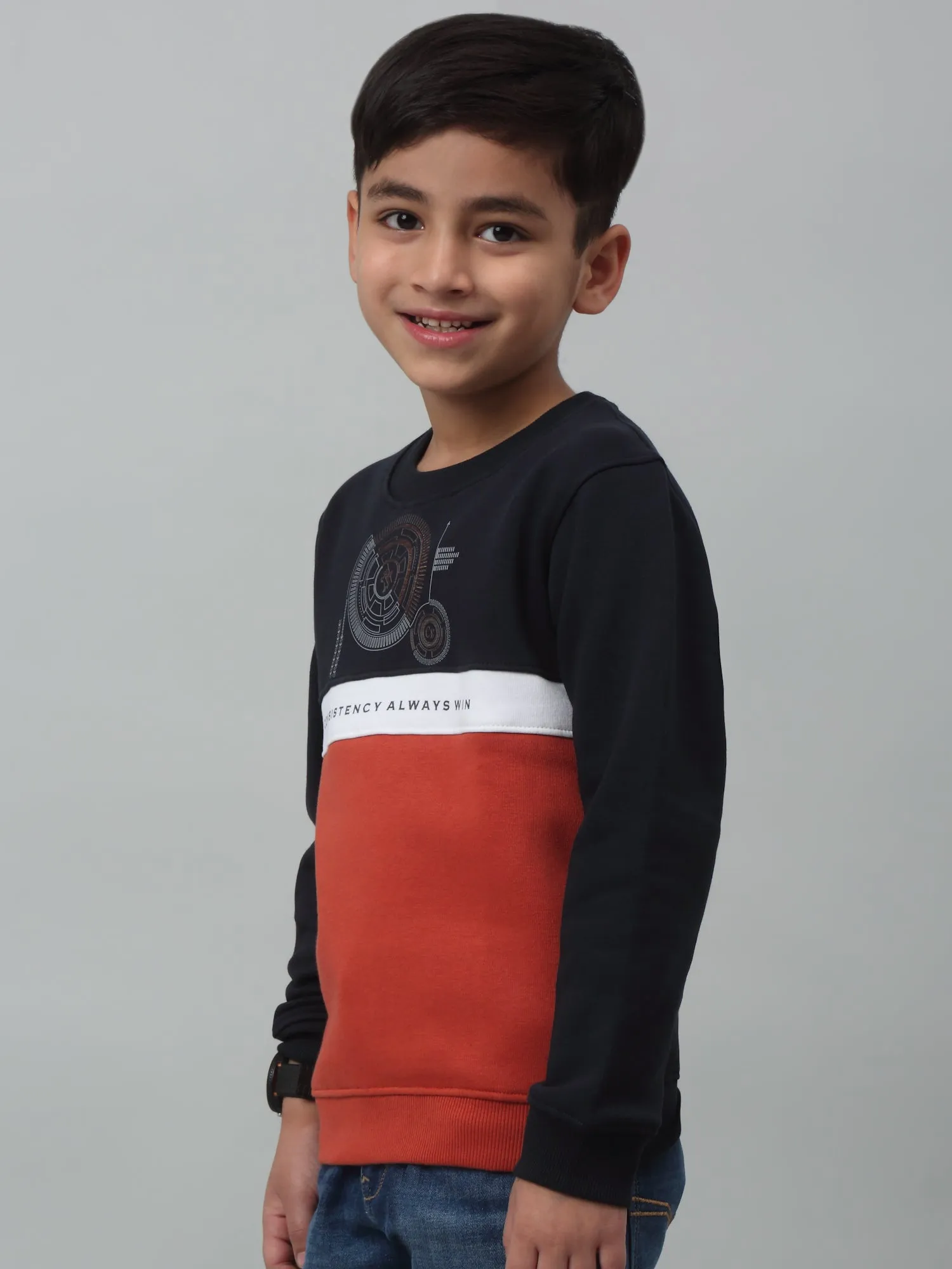 Cantabil Boys Navy Blue Colour Block Round Neck Sweatshirt For Winter