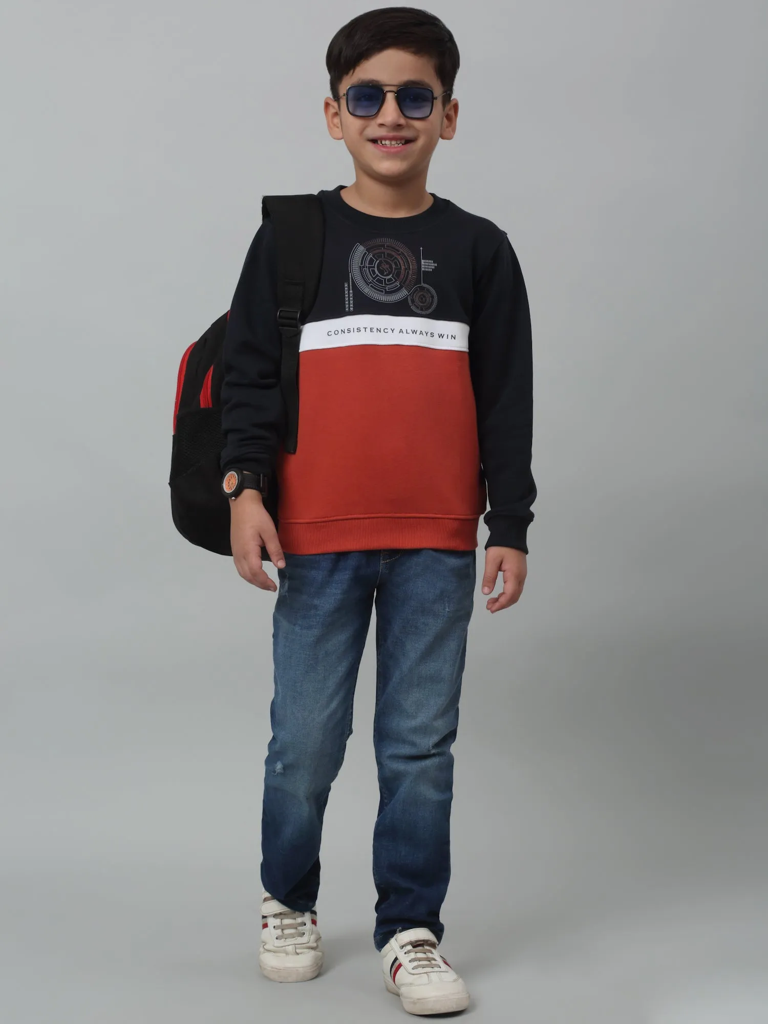 Cantabil Boys Navy Blue Colour Block Round Neck Sweatshirt For Winter