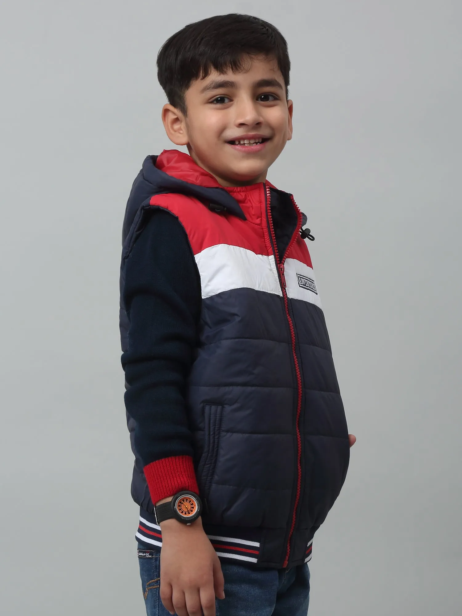 Cantabil Boys Navy Blue Hooded Neck Colour Blocked Casual Jacket For Winter