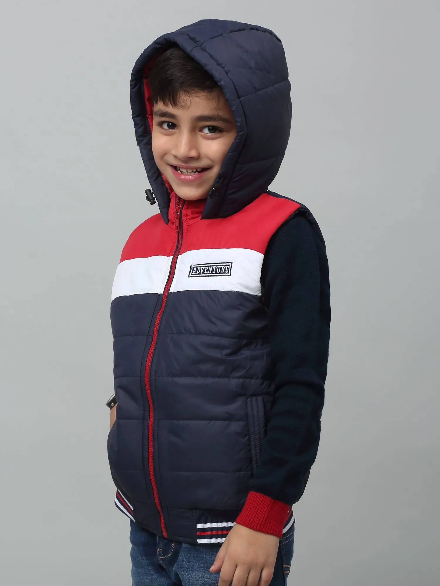 Cantabil Boys Navy Blue Hooded Neck Colour Blocked Casual Jacket For Winter