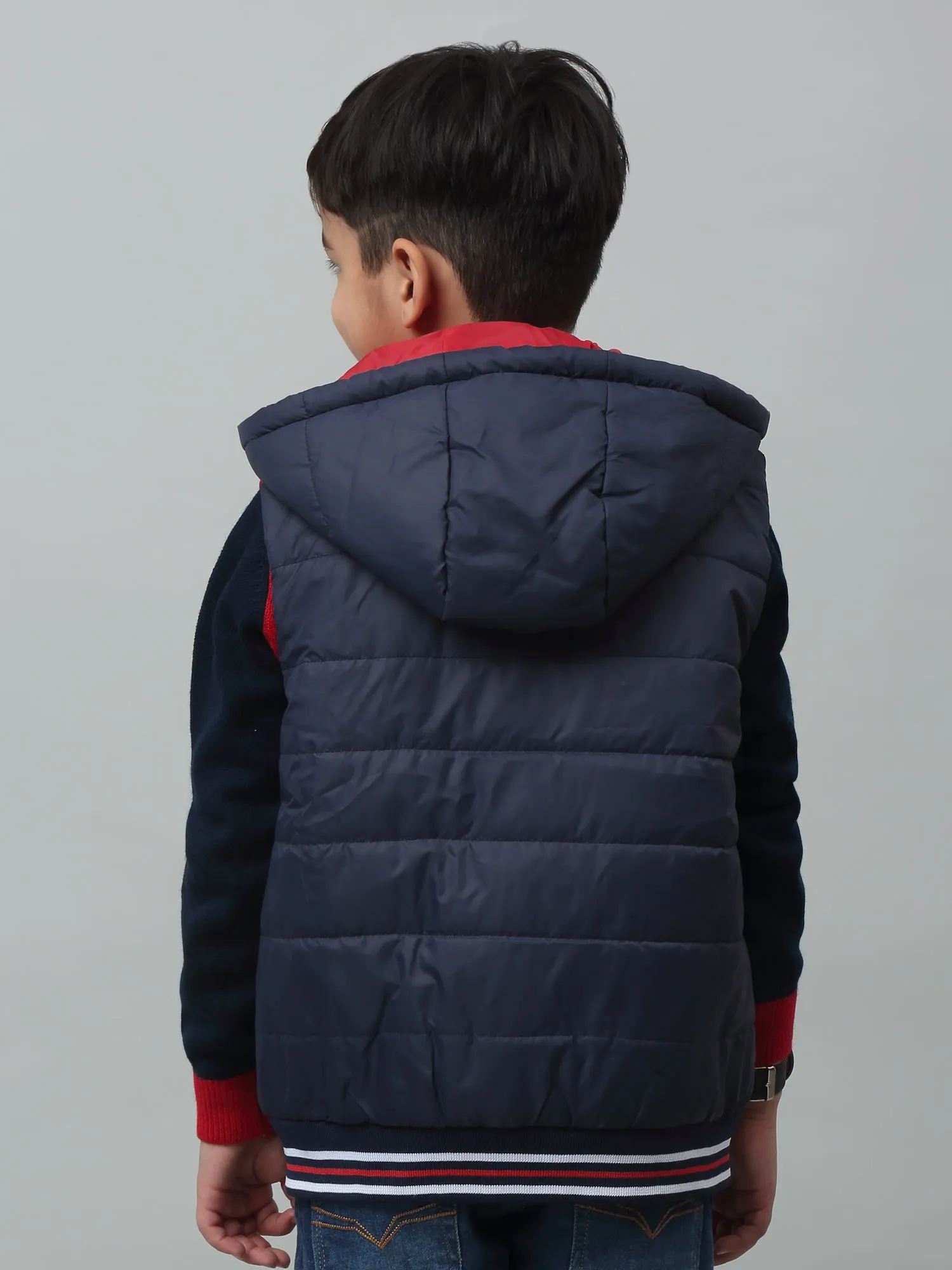 Cantabil Boys Navy Blue Hooded Neck Colour Blocked Casual Jacket For Winter