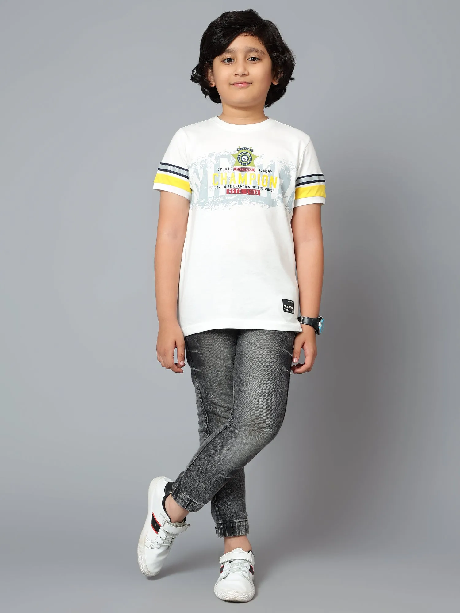 Cantabil Boy's Off White Printed Round Neck Half Sleeve T-shirt