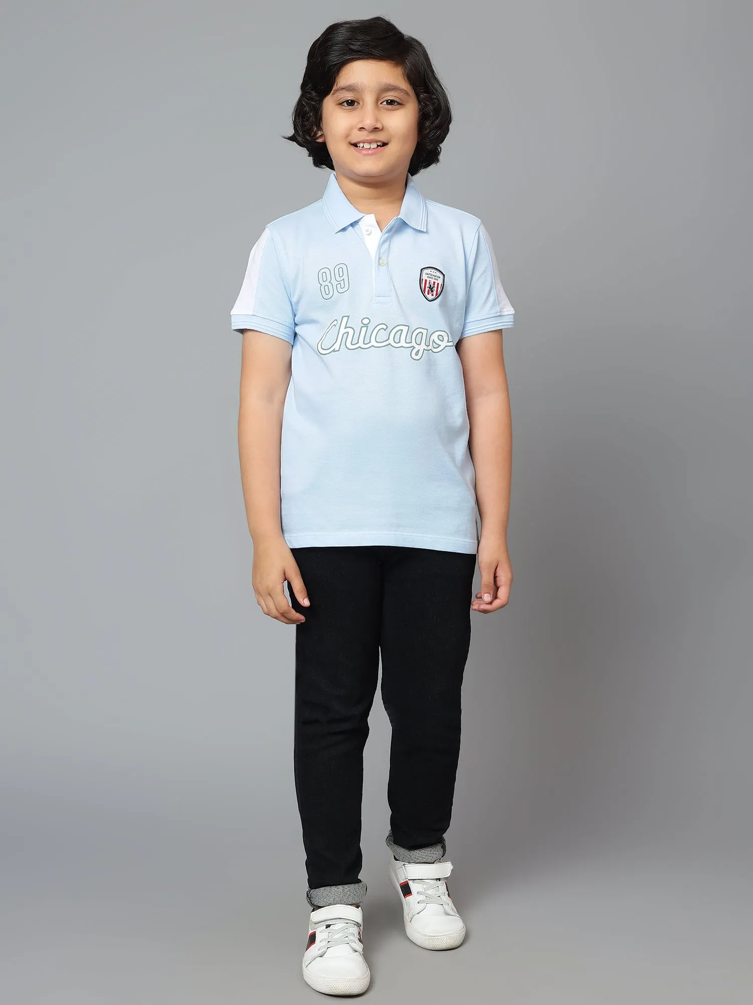 Cantabil Boy's Sky Blue Printed Polo Neck Half Sleeve T-shirt