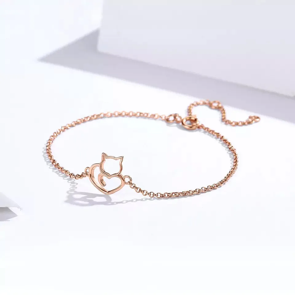 Cat Heart Bracelet in Solid 925 Sterling Silver