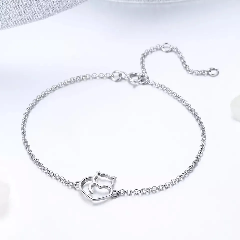 Cat Heart Bracelet in Solid 925 Sterling Silver