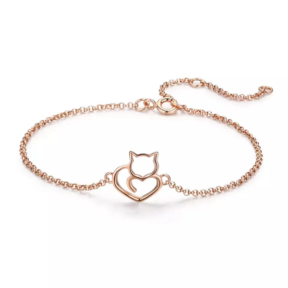 Cat Heart Bracelet in Solid 925 Sterling Silver