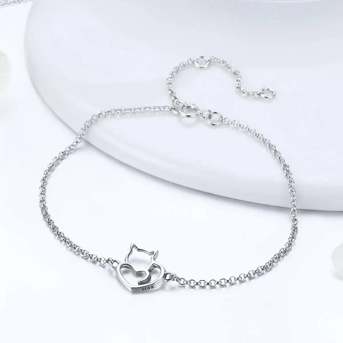 Cat Heart Bracelet in Solid 925 Sterling Silver