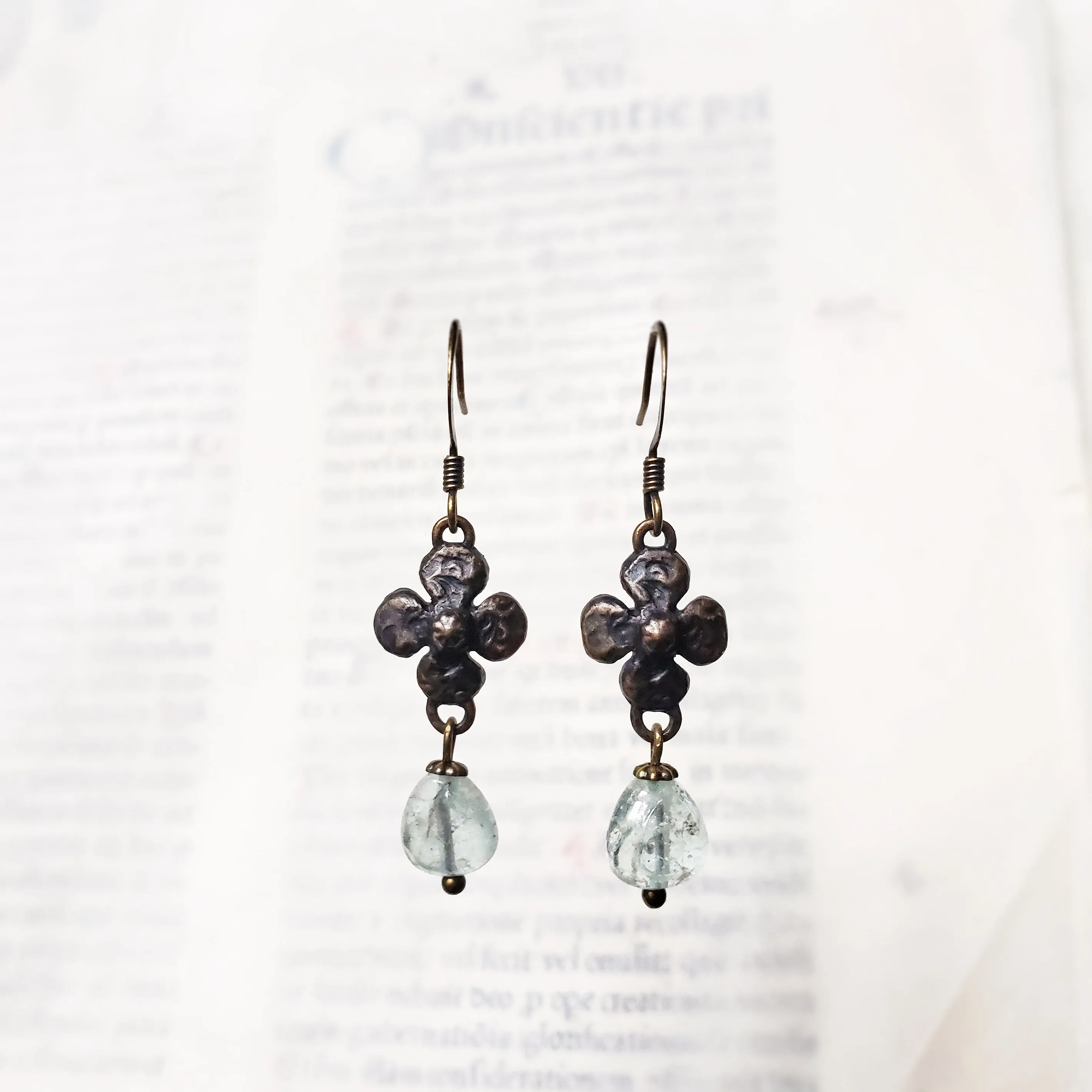 clover earrings : aquamarine & antiqued bronze