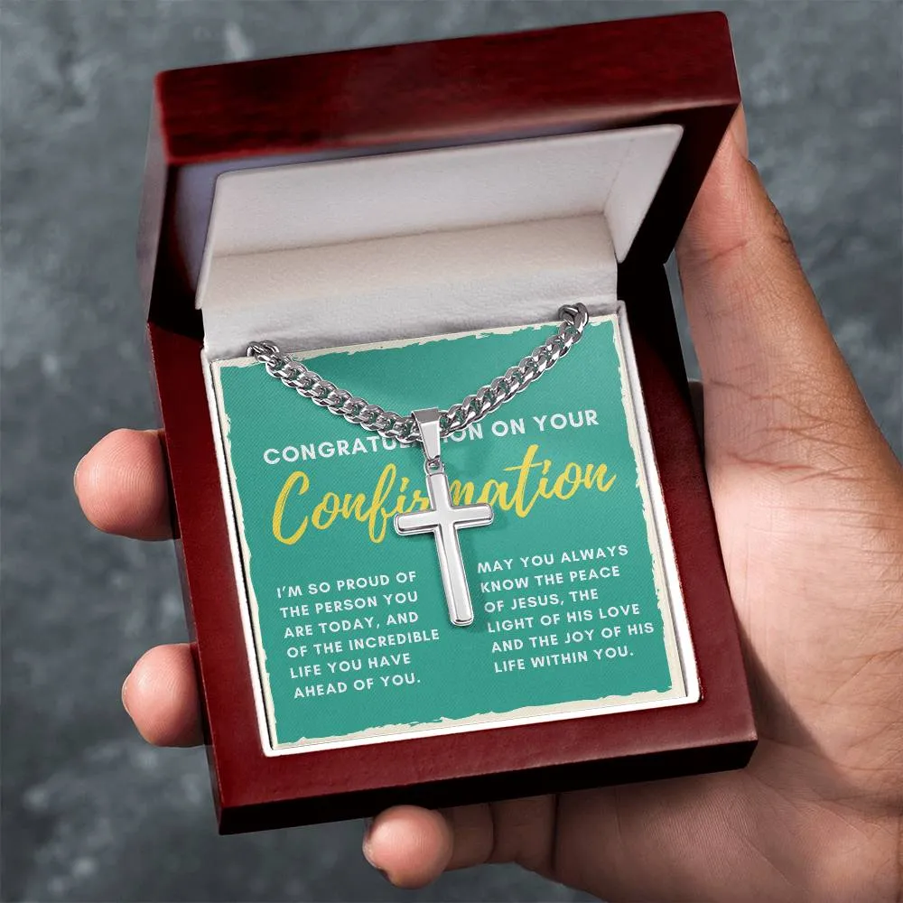 Confirmation Gift for Him, I'm Proud of the Person You Are Today Stainless Steel Men Cross Necklace on Cuban Chain