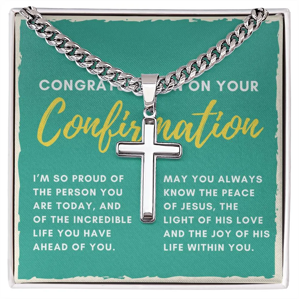 Confirmation Gift for Him, I'm Proud of the Person You Are Today Stainless Steel Men Cross Necklace on Cuban Chain