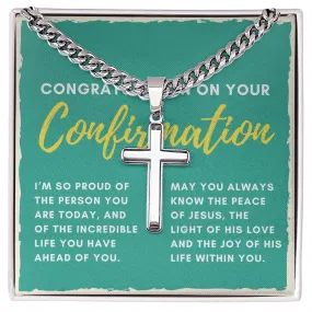 Confirmation Gift for Him, I'm Proud of the Person You Are Today Stainless Steel Men Cross Necklace on Cuban Chain