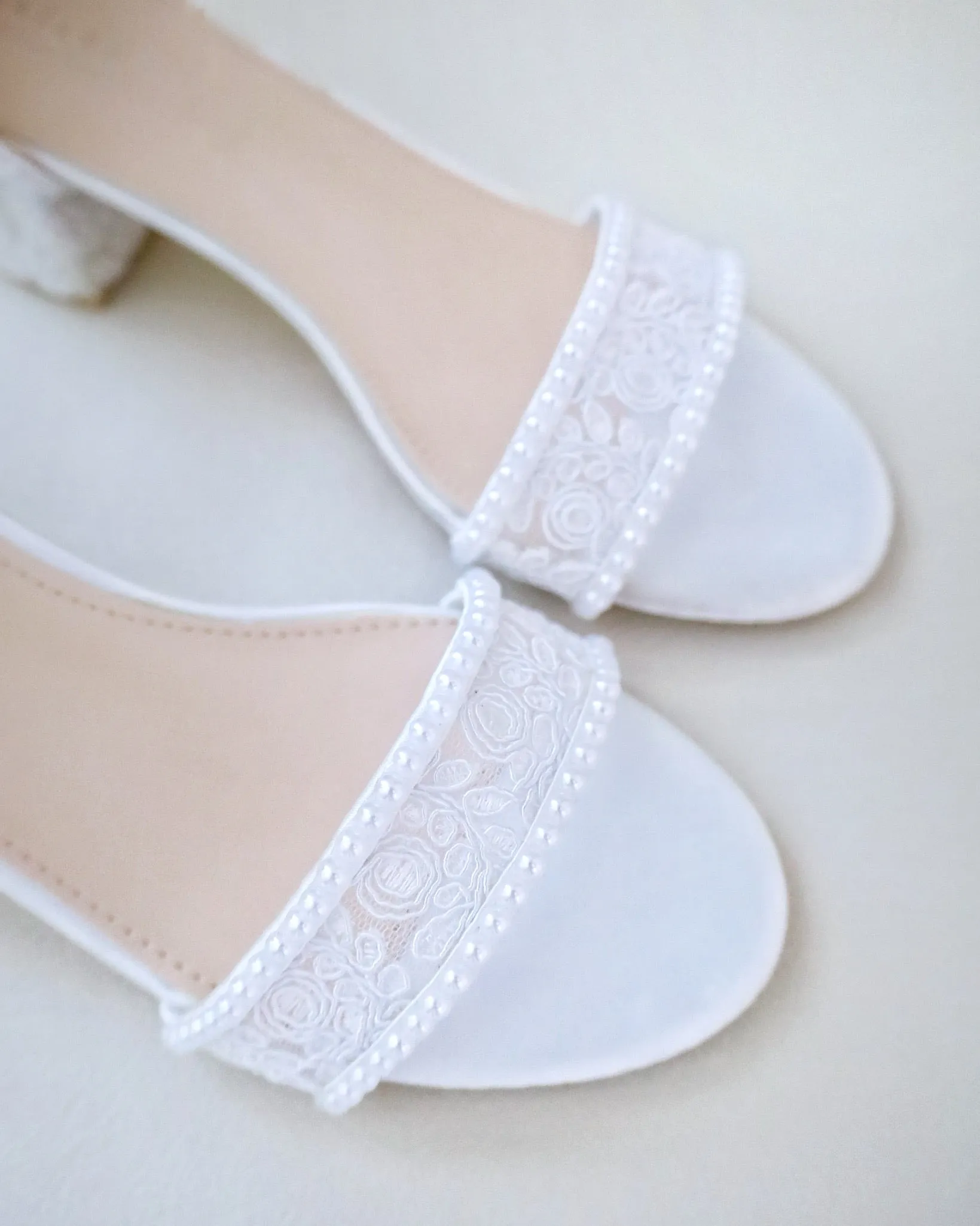 Crochet Lace Block Heel Wedding Sandals with Mini Pearls