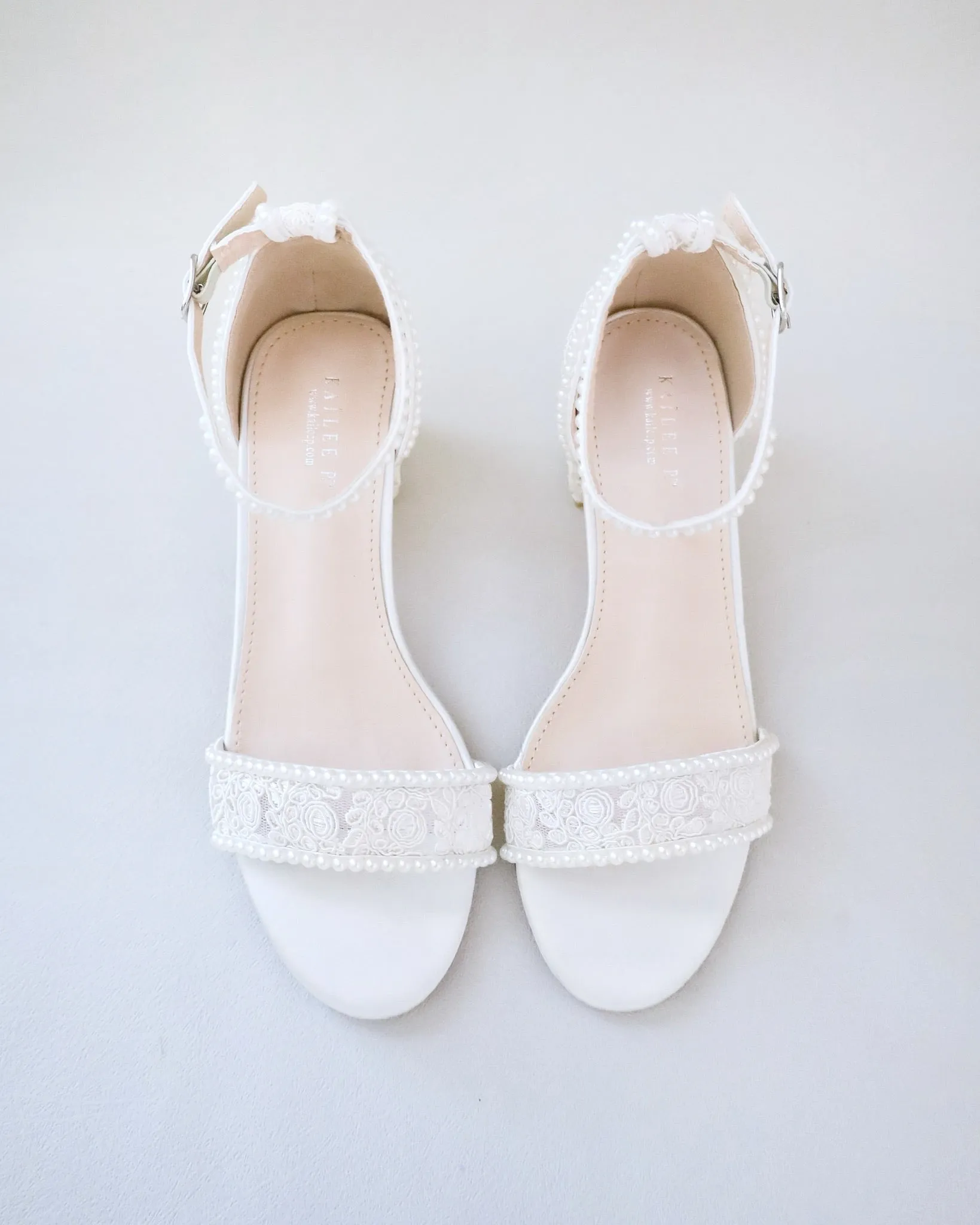 Crochet Lace Block Heel Wedding Sandals with Mini Pearls