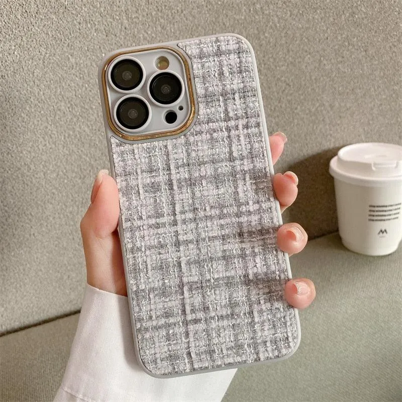 Cute Tweed Fabric Lattice Phone Case Cover For iPhone 14 13 12 And 11 Pro Max