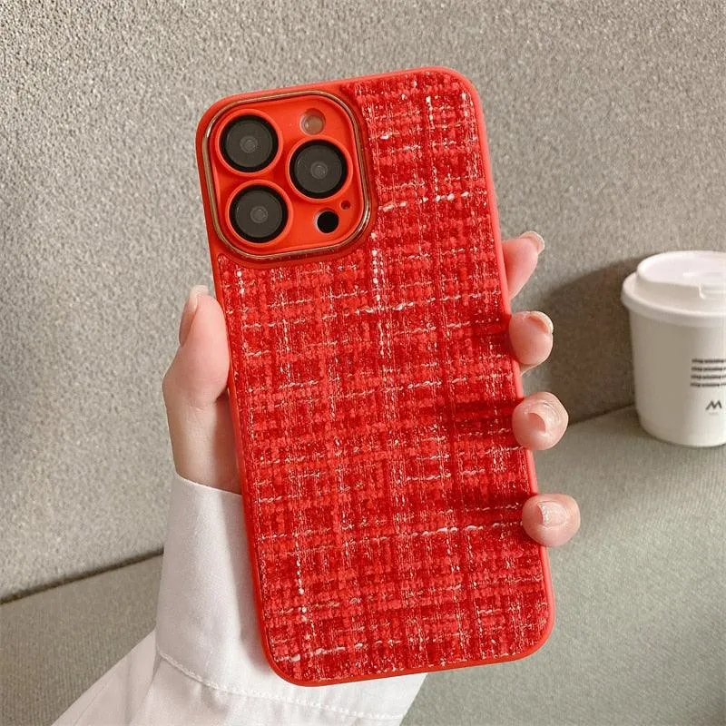 Cute Tweed Fabric Lattice Phone Case Cover For iPhone 14 13 12 And 11 Pro Max