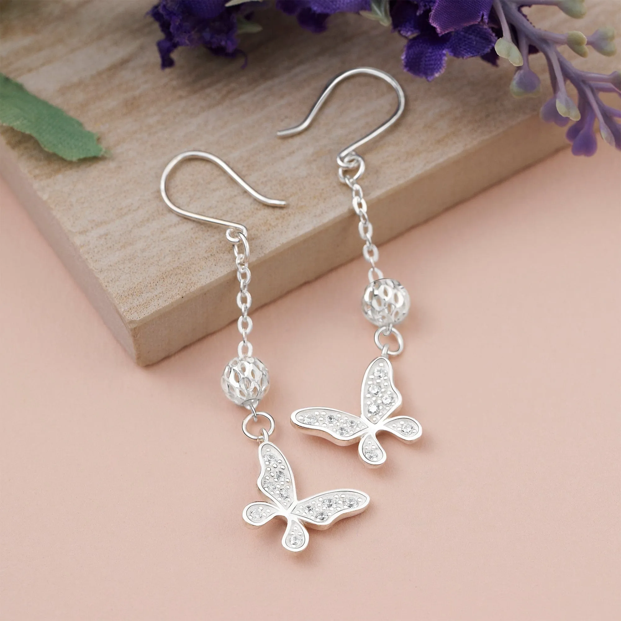 Dazzling CZ Butterfly Silver Dangle Earrings