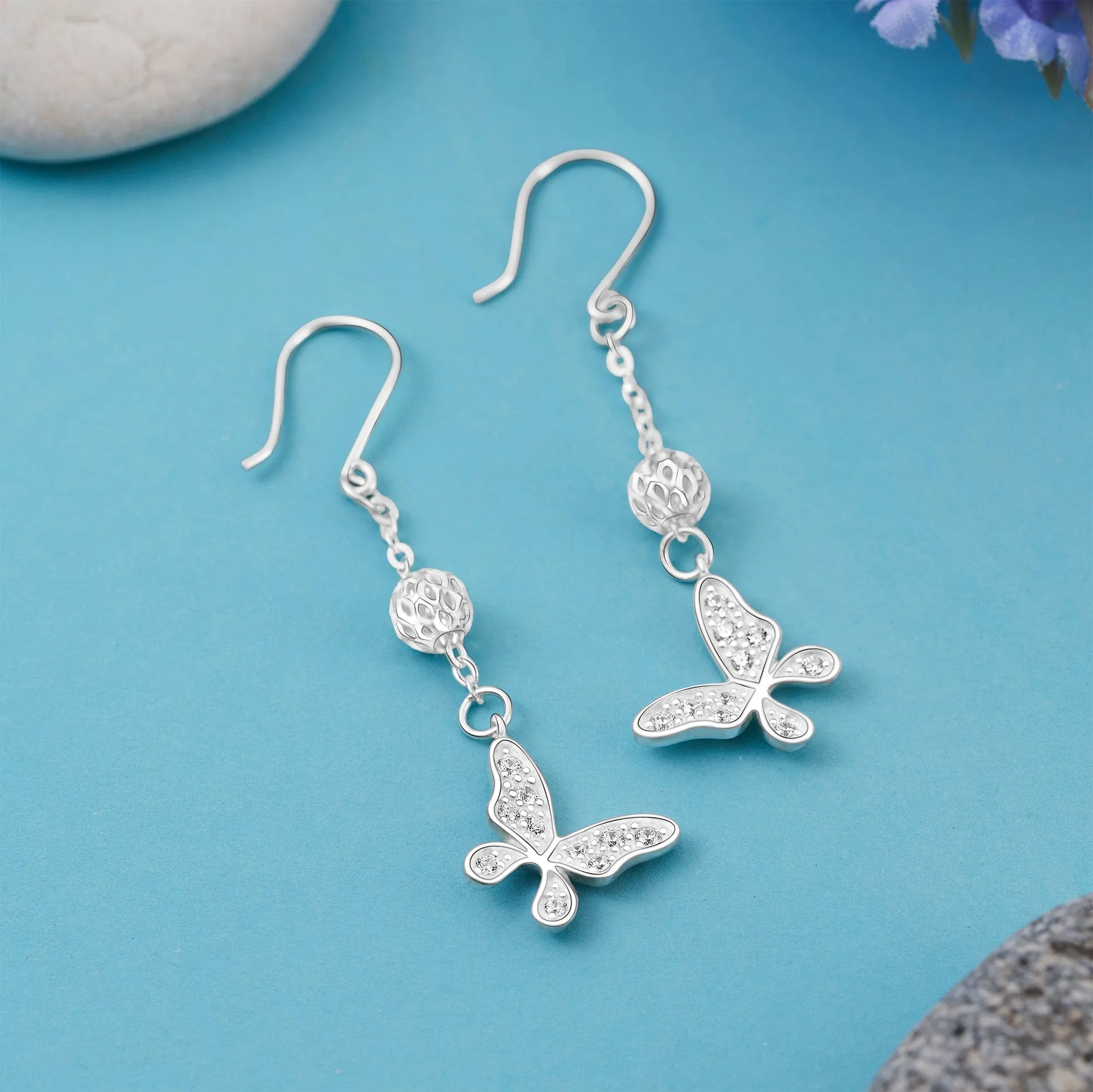 Dazzling CZ Butterfly Silver Dangle Earrings