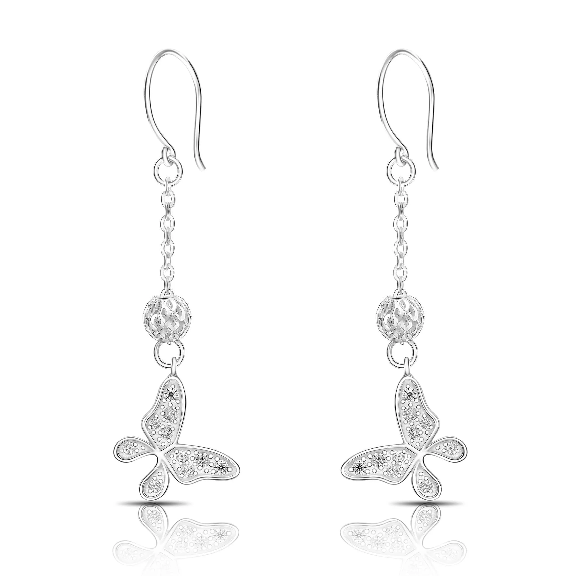 Dazzling CZ Butterfly Silver Dangle Earrings