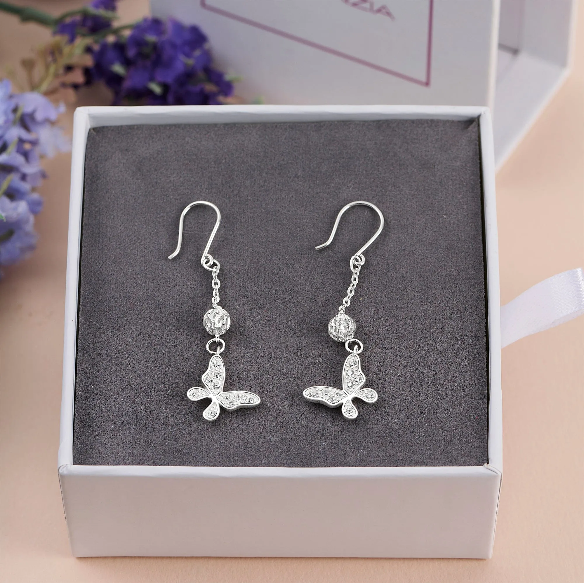 Dazzling CZ Butterfly Silver Dangle Earrings