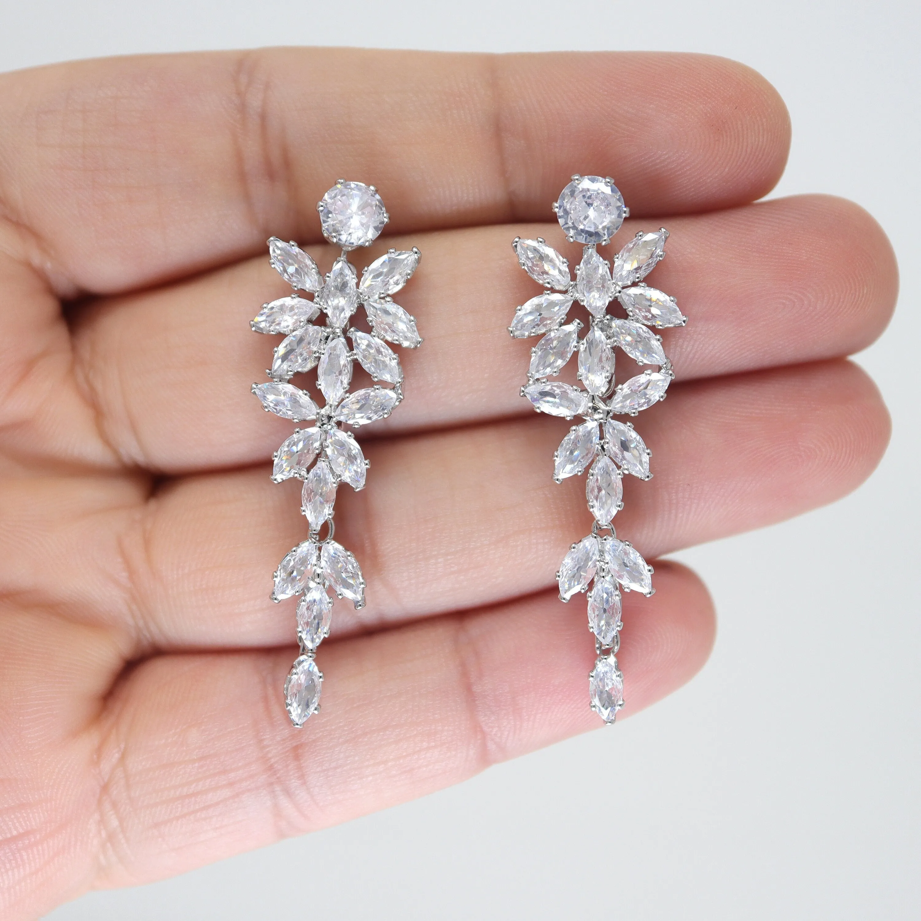 Diamond/ Swarovski Crystal Elegant Floral Vine Drop Necklace Set, Long Bridal Jewelry Set, Crystal Bridal Earrings, Statement Earrings