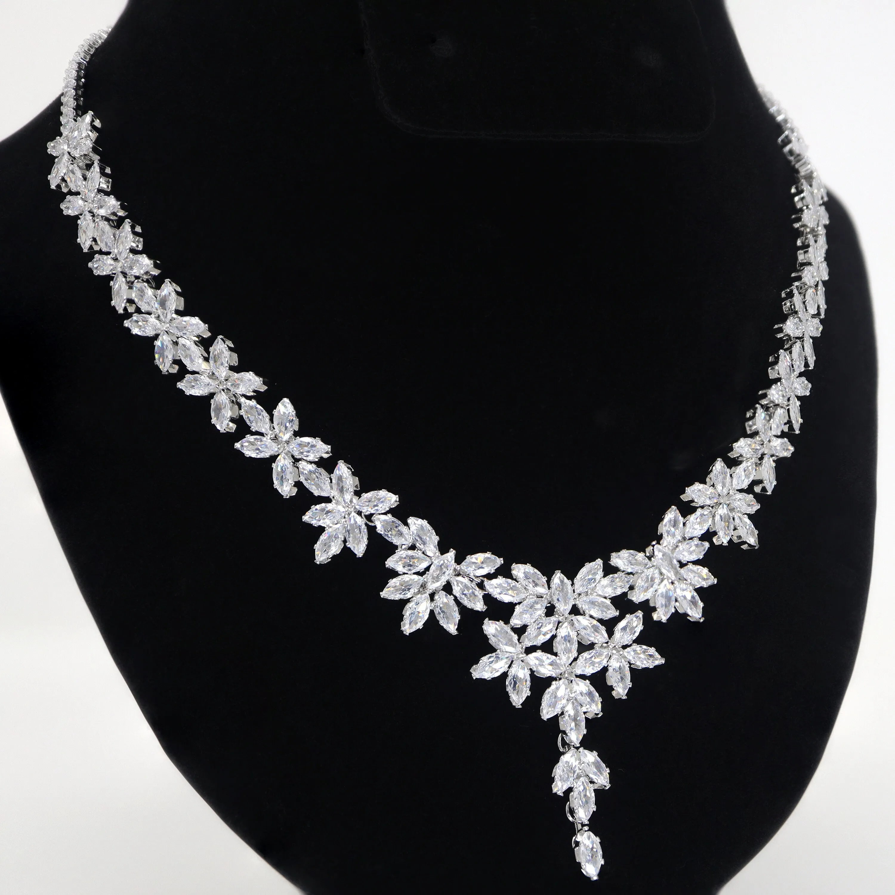 Diamond/ Swarovski Crystal Elegant Floral Vine Drop Necklace Set, Long Bridal Jewelry Set, Crystal Bridal Earrings, Statement Earrings