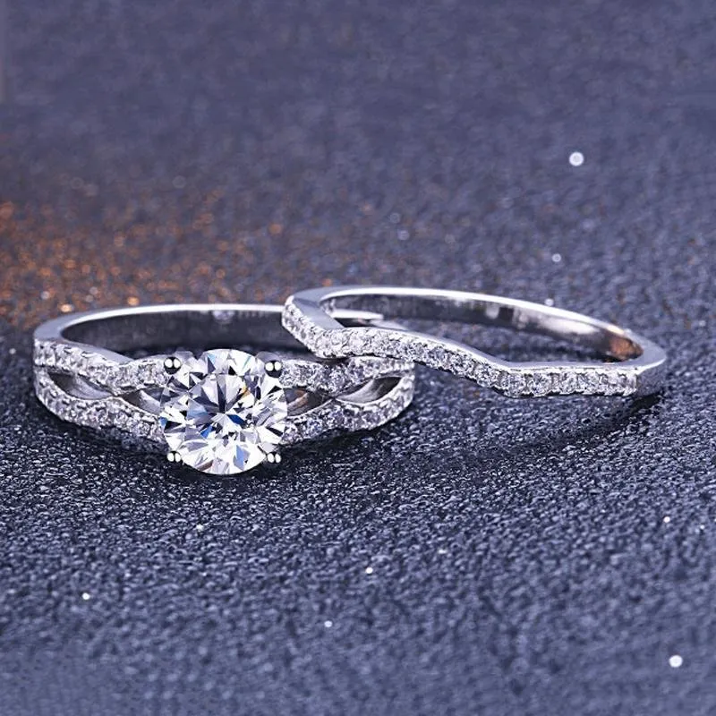 Double Row Stone Round Cut Wedding Set