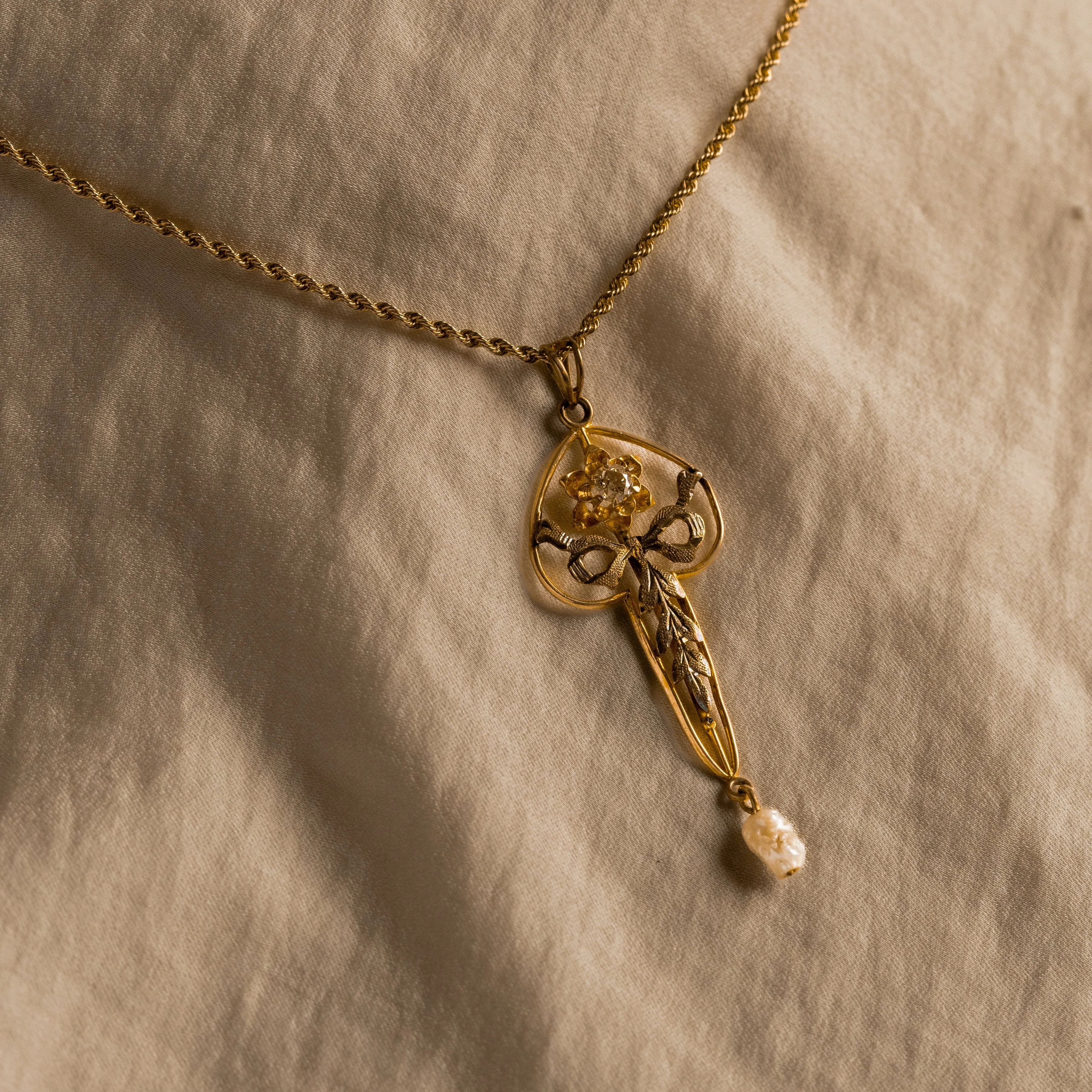 Edwardian Old Mine Diamond Pearl Pendant Necklace