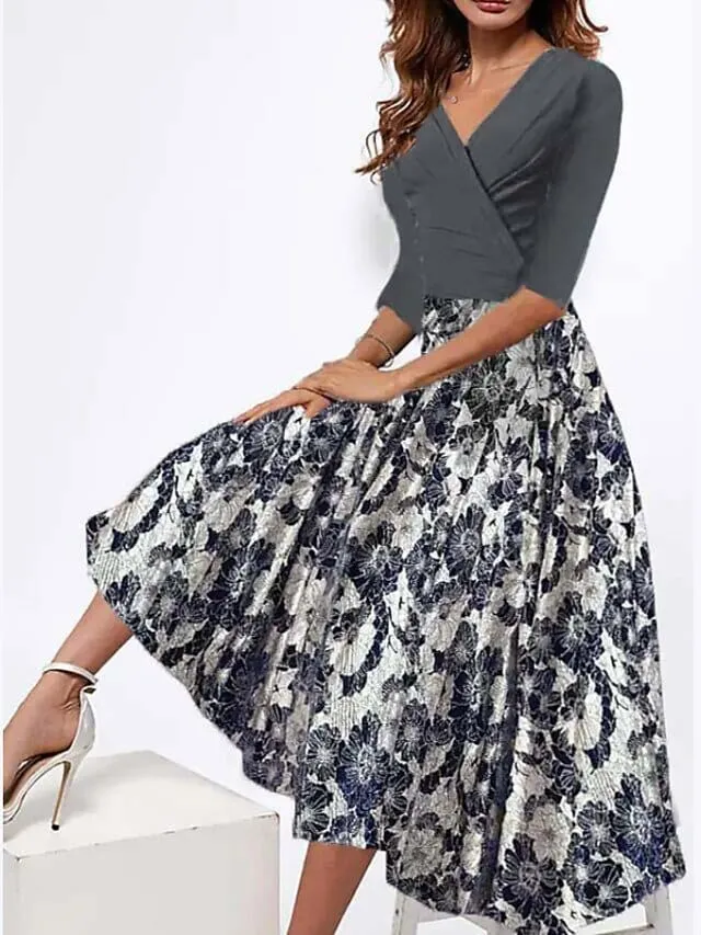 Elegant Black Floral Patchwork V-Neck A-Line Dress