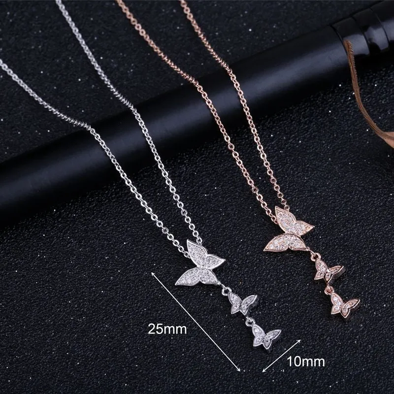 Elegant Paved CZ Crystal Butterfly Pendant Rose Gold Necklace