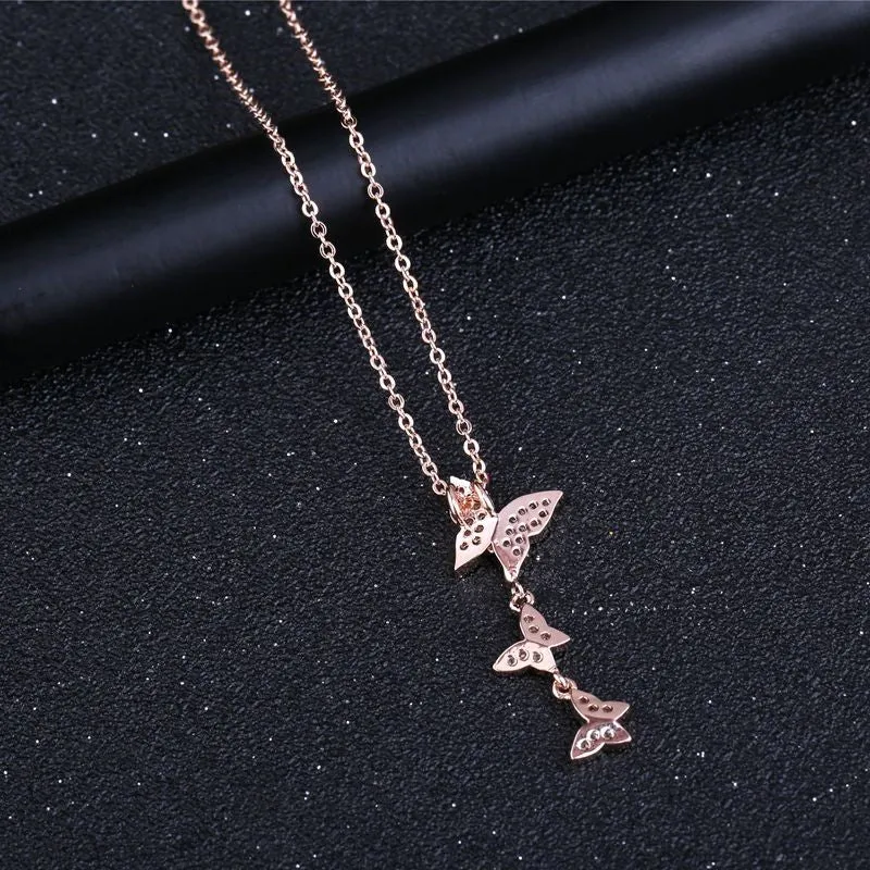 Elegant Paved CZ Crystal Butterfly Pendant Rose Gold Necklace