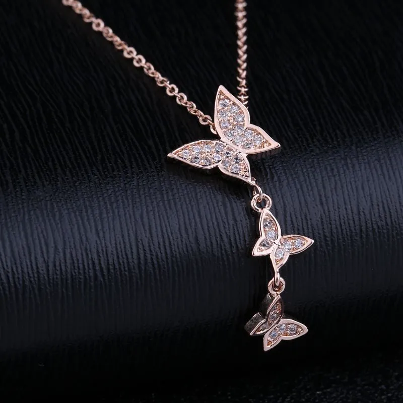 Elegant Paved CZ Crystal Butterfly Pendant Rose Gold Necklace