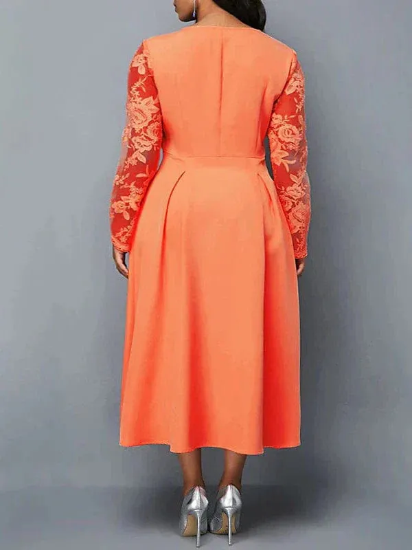 Elegant Red Lace Long Sleeve Plus Size Midi Dress