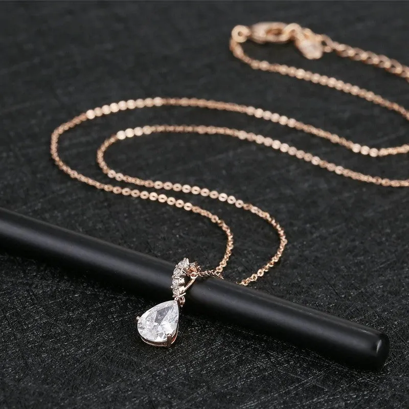 Elegant Water Drop CZ Crystal Pendant Rose Gold Chain Necklace