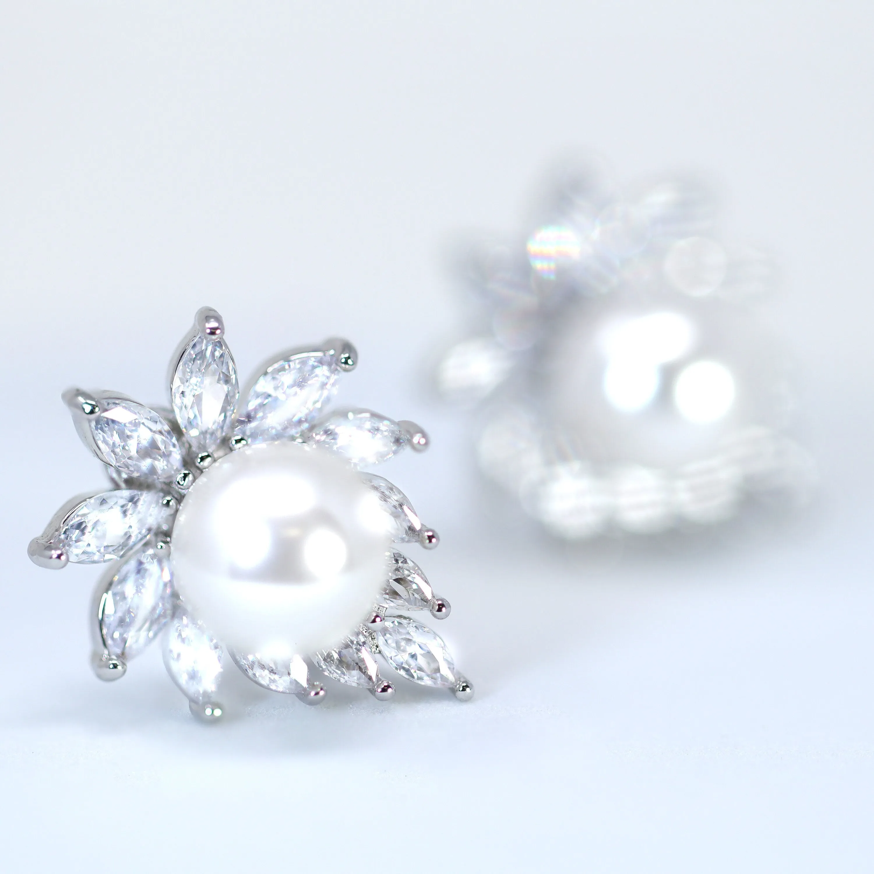 Enchanting Swarovski Clip on Floral Pearl Stud Earrings, Bridal Jewelry, Bridal Stud Earrings, Crystal Earrings, Statement Earrings Cz