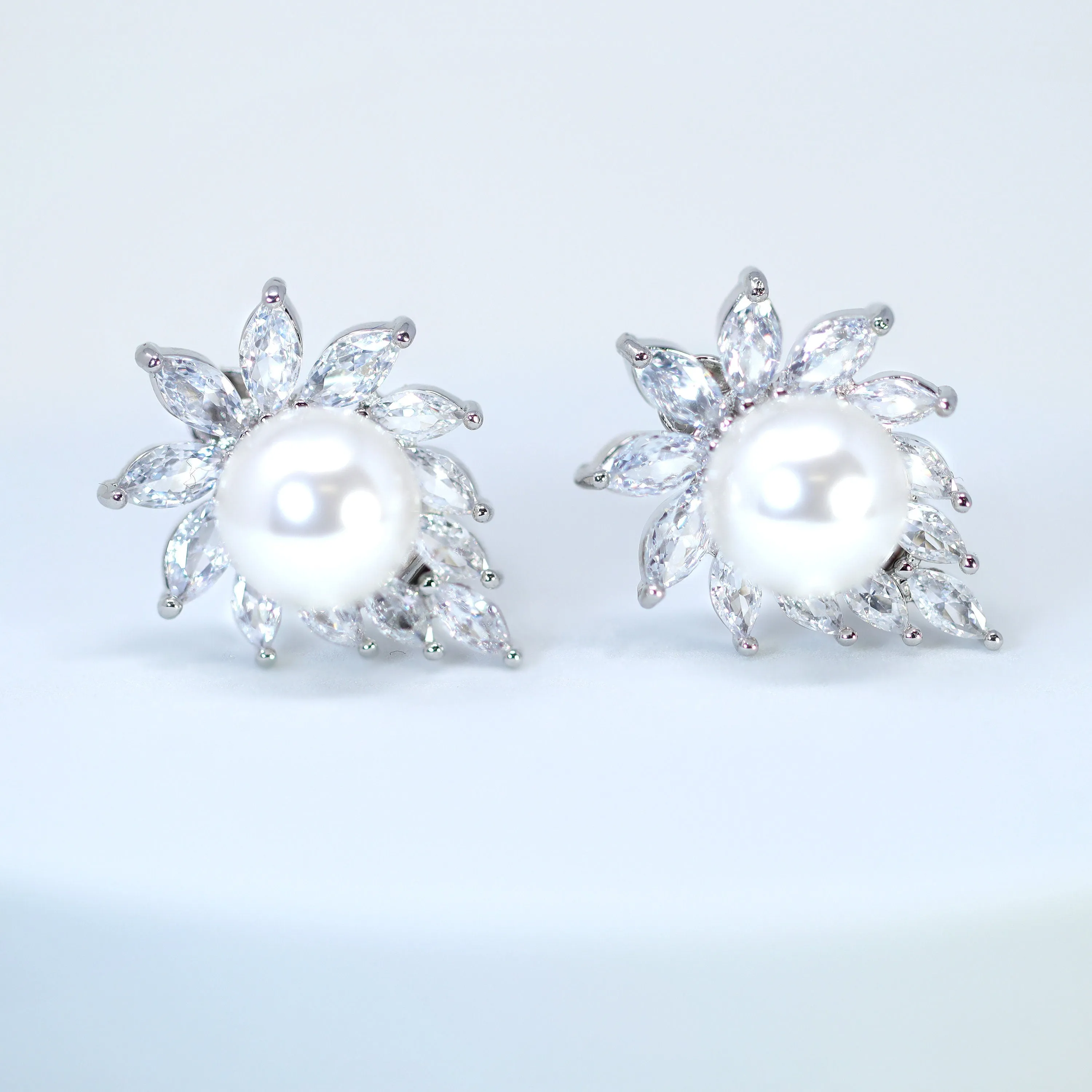 Enchanting Swarovski Clip on Floral Pearl Stud Earrings, Bridal Jewelry, Bridal Stud Earrings, Crystal Earrings, Statement Earrings Cz