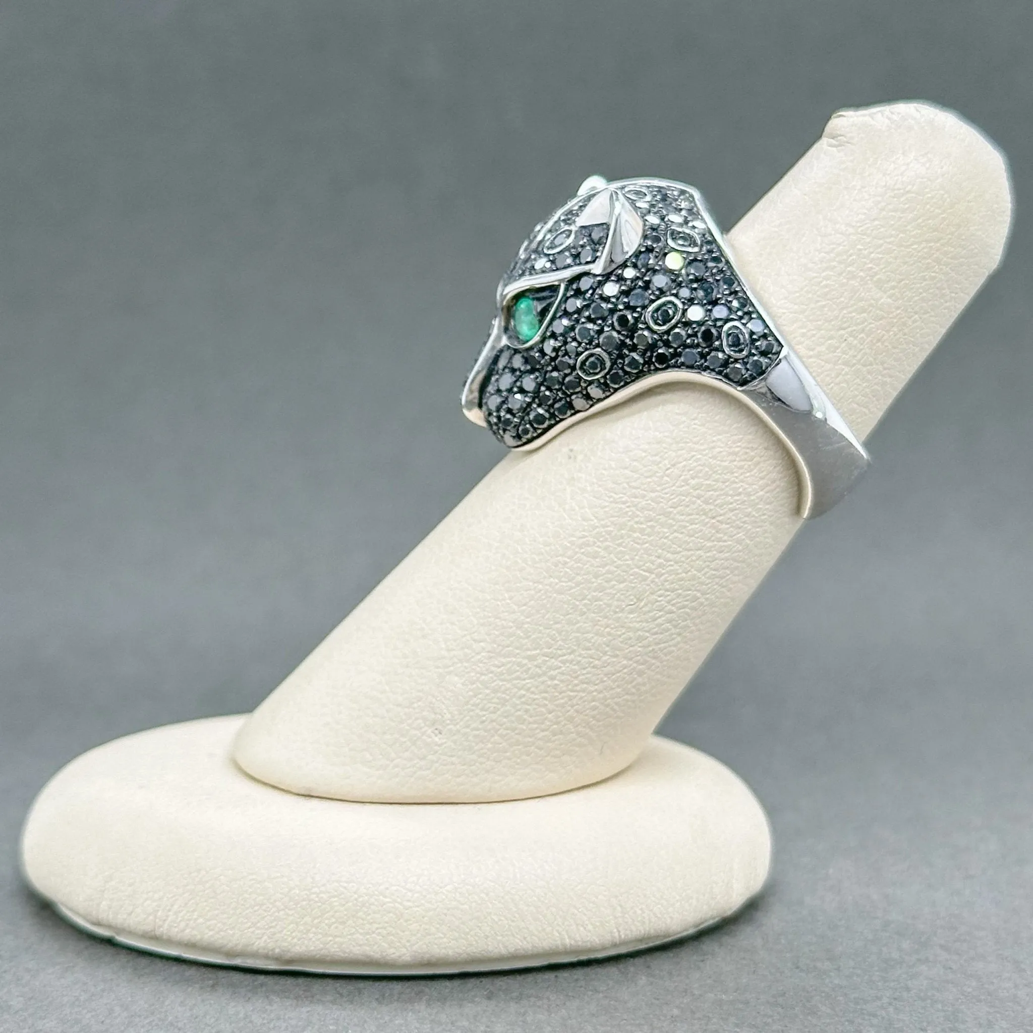 Estate Effy 14K W Gold 0.10ctw Emerald & 3.52ctw Fancy Black Diamond Panther Head Ring