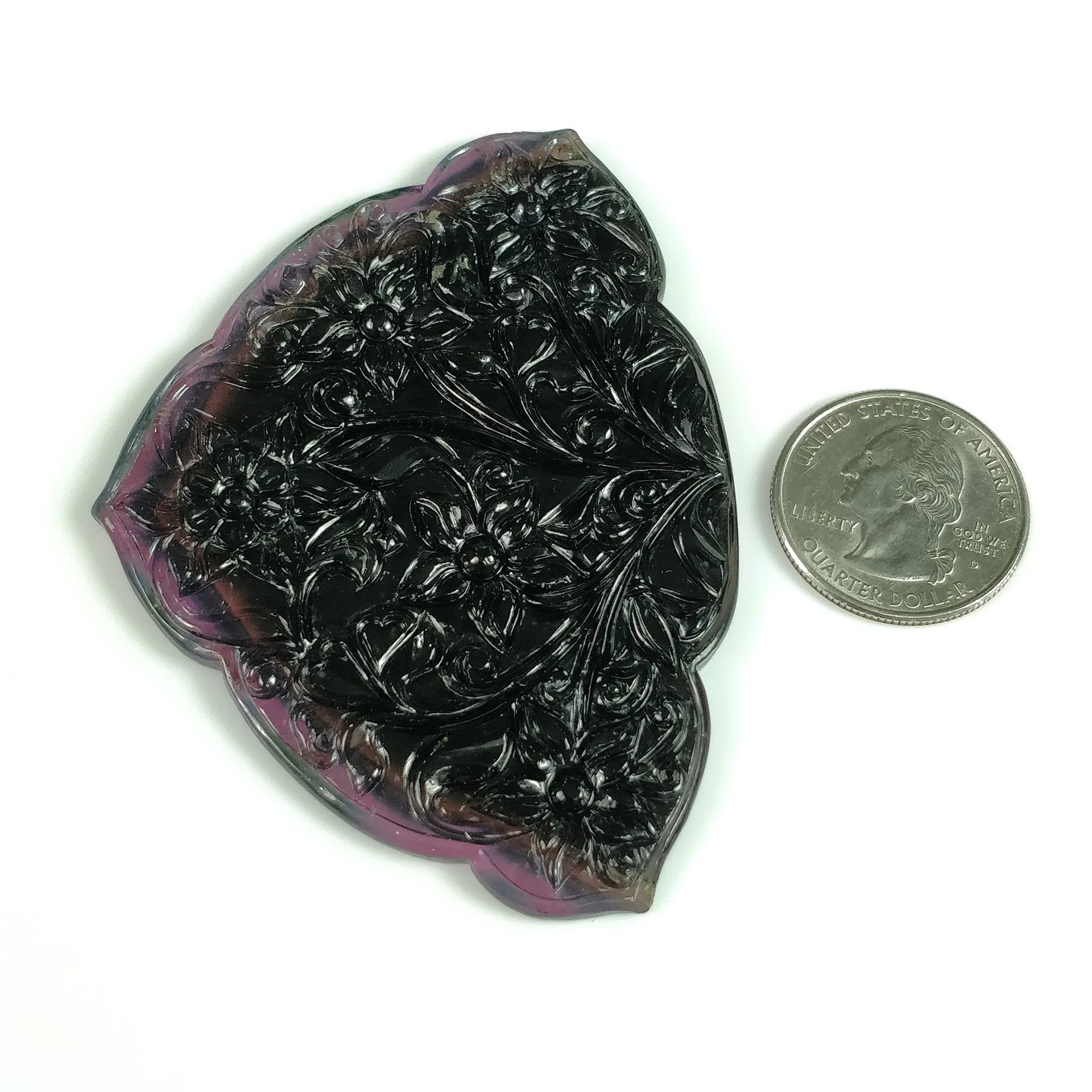 Exclusive Rare BLACK PINK TOURMALINE Gemstone Carving : 191.54cts Natural Untreated Tourmaline Hand Carved Uneven Flower 82*60mm*6(h)