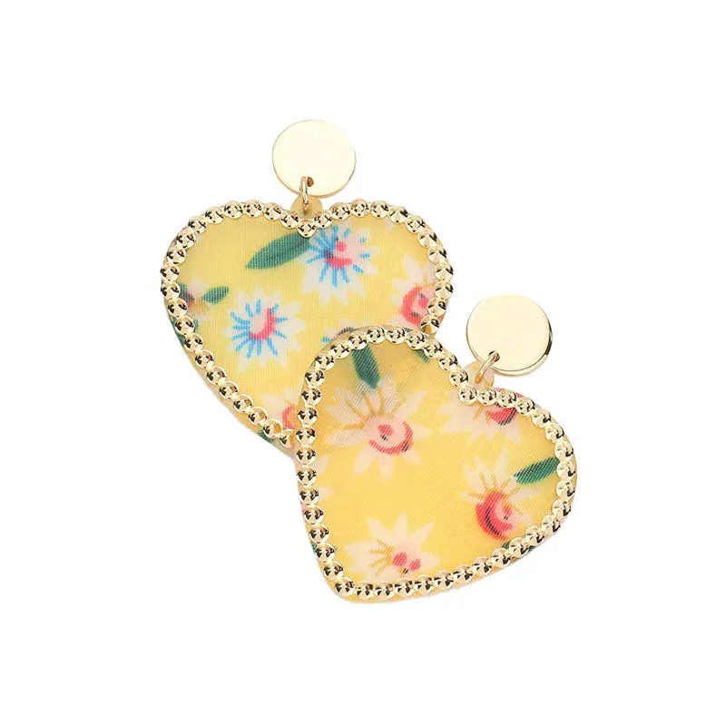 Flower Patterned Resin Heart Dangle Earrings