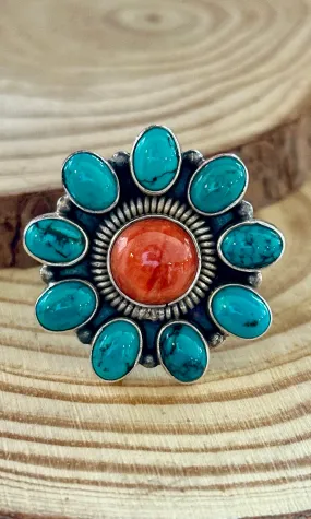 FLOWER POWER Navajo Spiny Oyster & Kingman Turquoise Sterling Silver Ring  Size 7