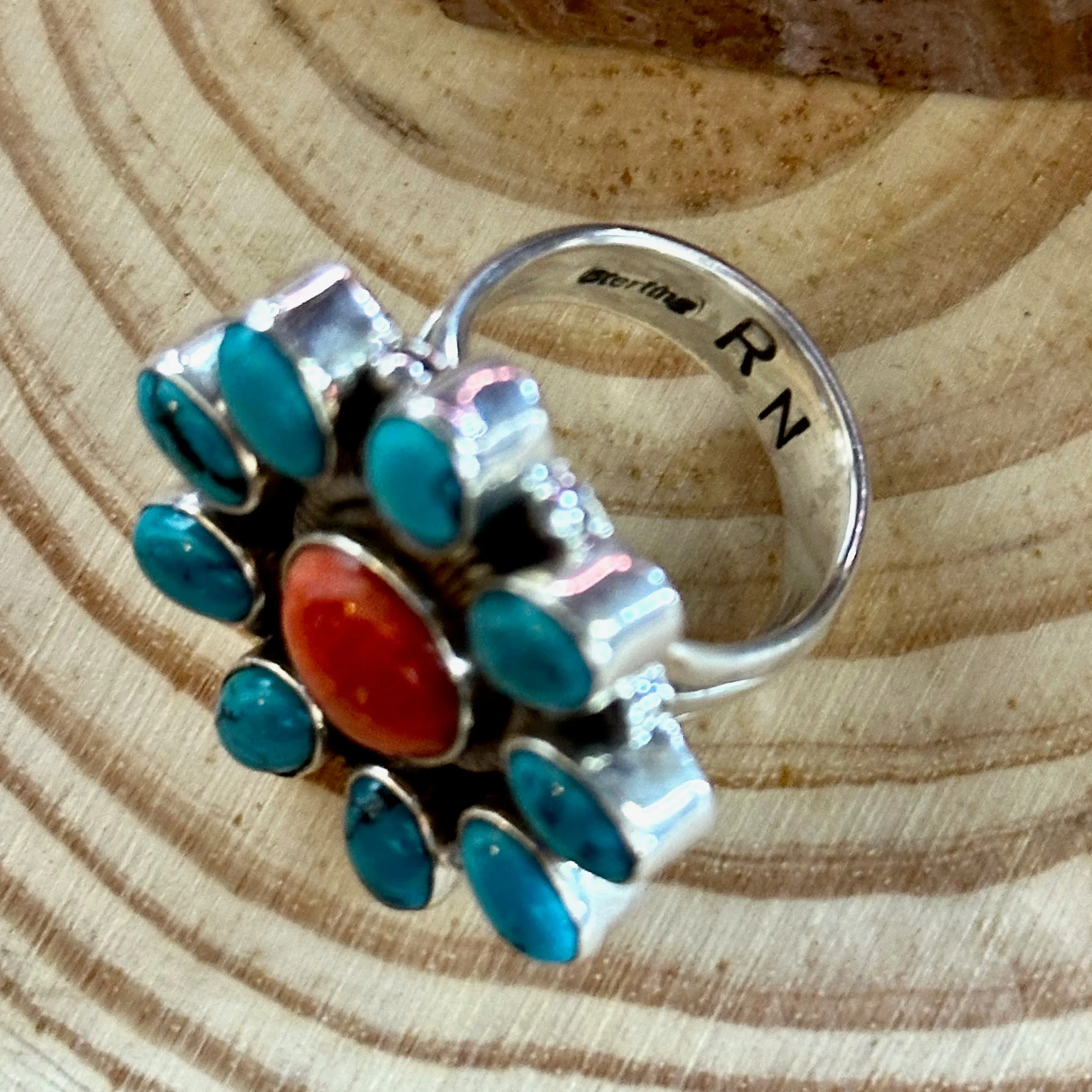 FLOWER POWER Navajo Spiny Oyster & Kingman Turquoise Sterling Silver Ring  Size 7