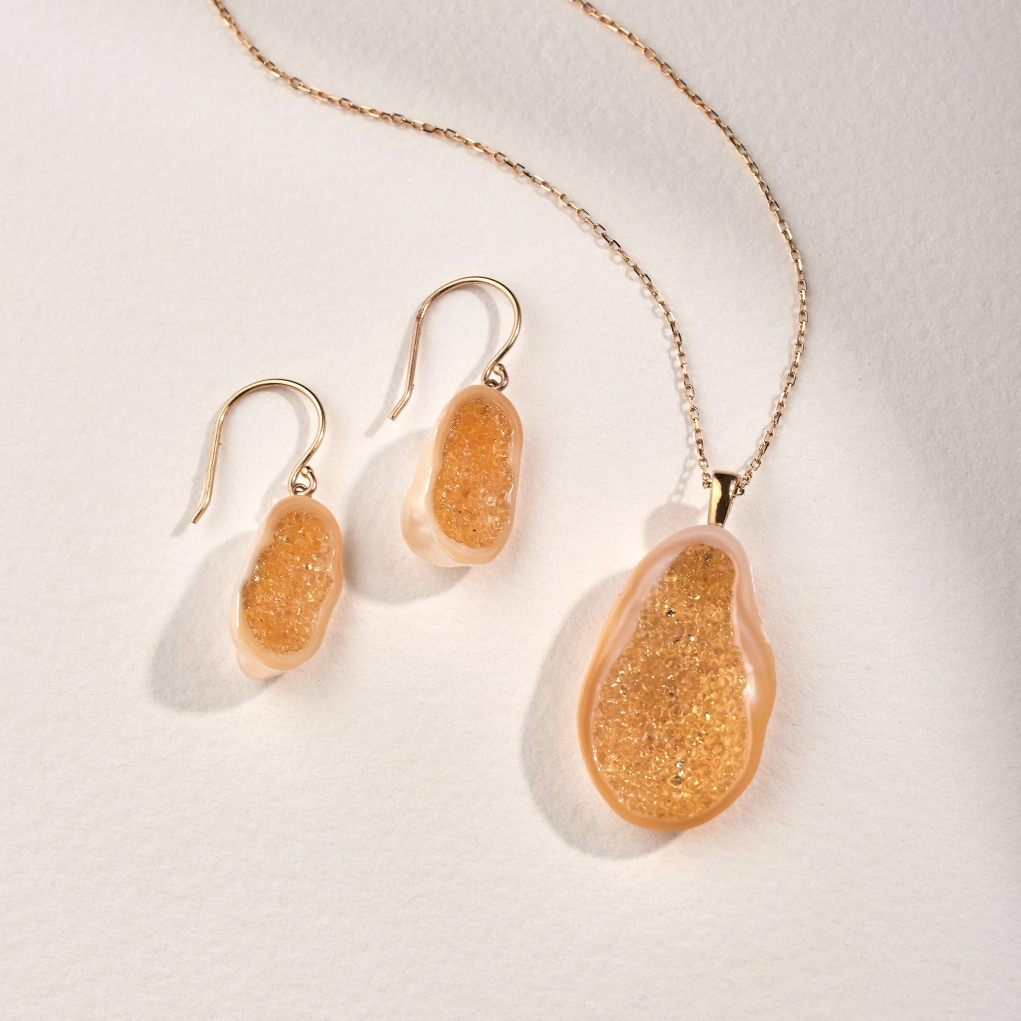 Freshwater Souffle Pearl Geode Earrings & Pendant Set with Yellow Sapphire