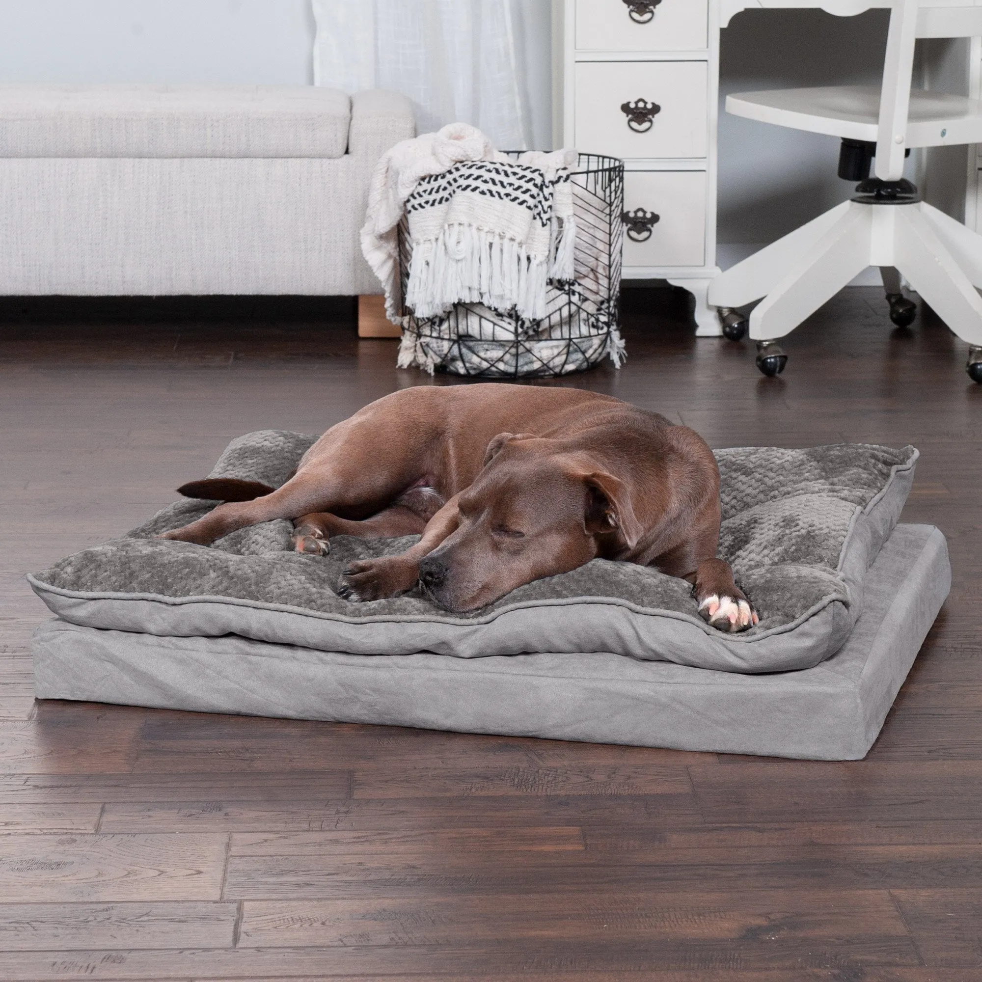 FurHaven Minky Faux Fur & Suede Pillow-Top Orthopedic Dog Bed - Large, Titanium Gray