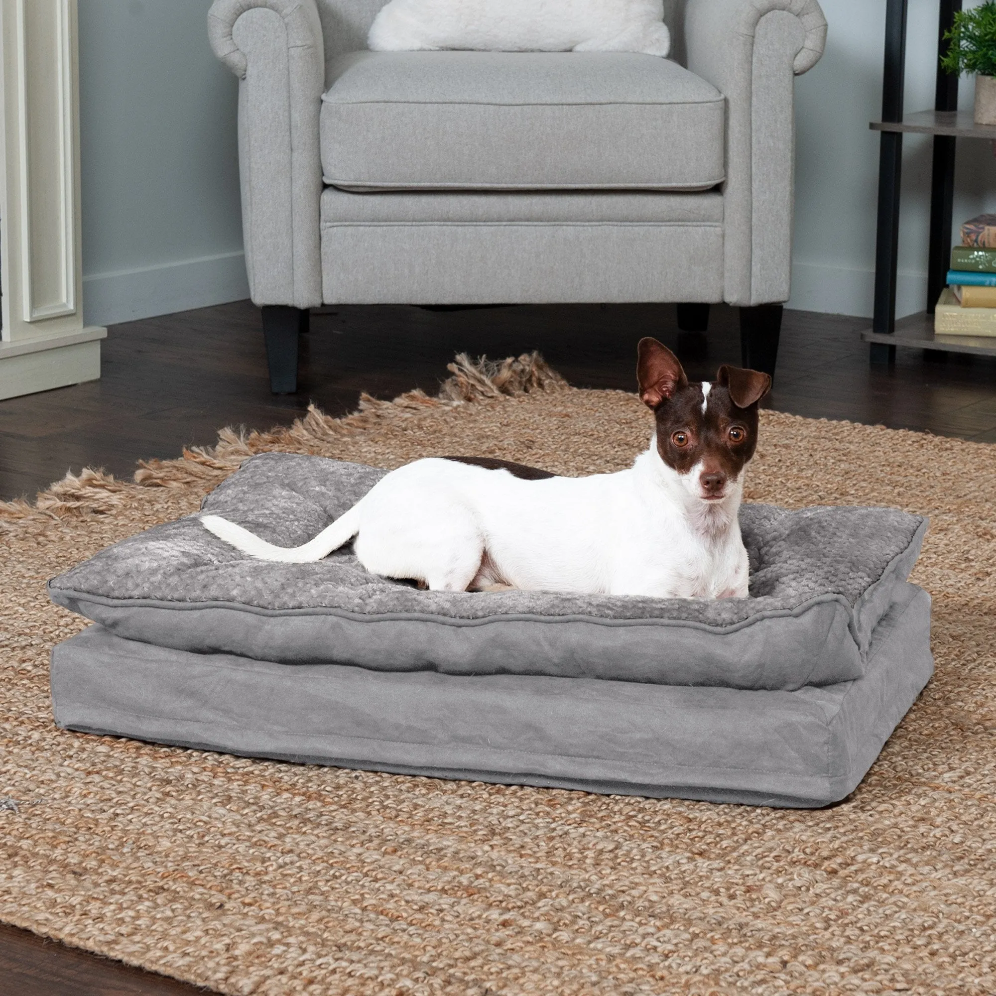 FurHaven Minky Faux Fur & Suede Pillow-Top Orthopedic Dog Bed - Medium, Titanium Gray