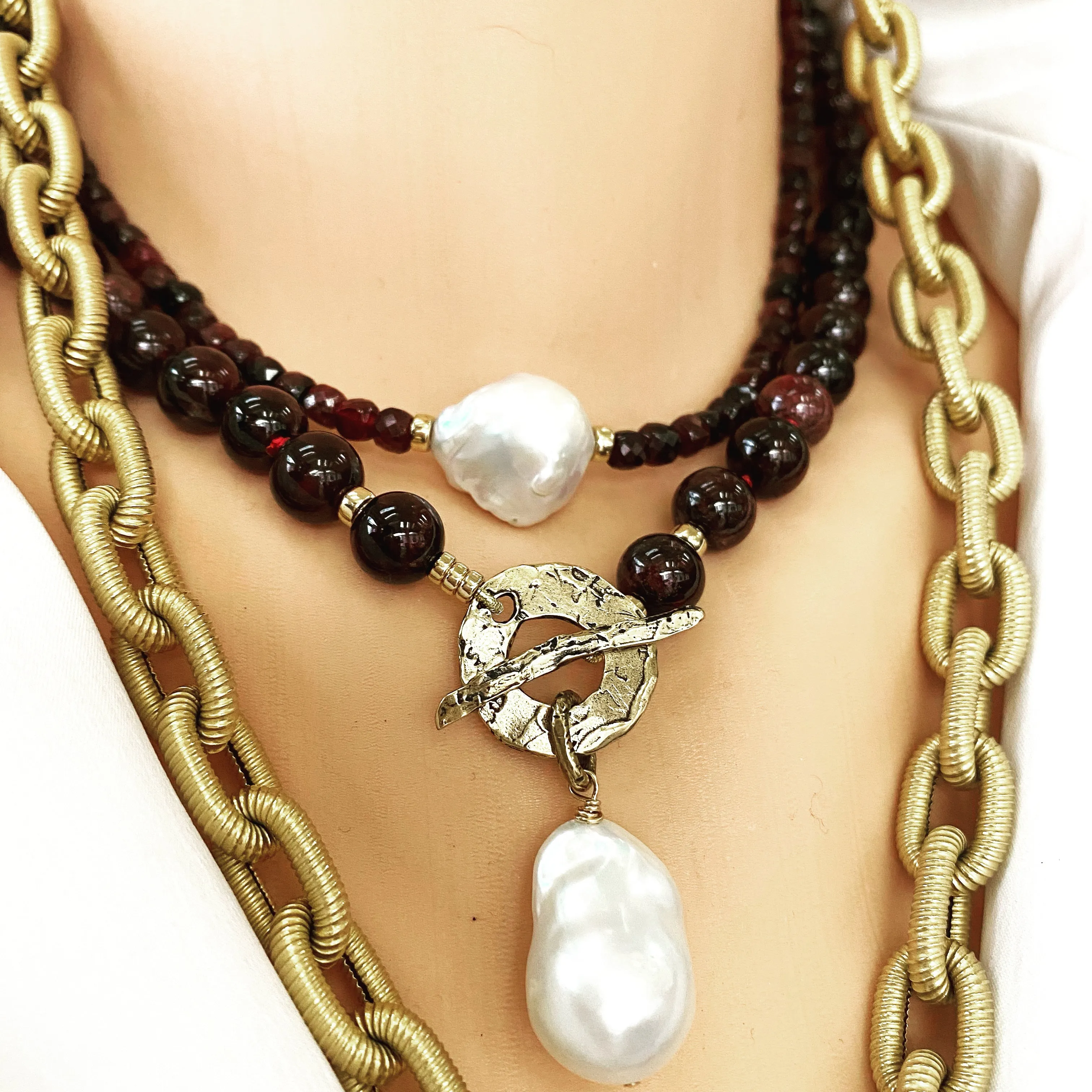 Garnet Toggle Necklace with Baroque Pearl Pendant, Gold Bronze & Gold Filled, January Birthstone, 17.5in