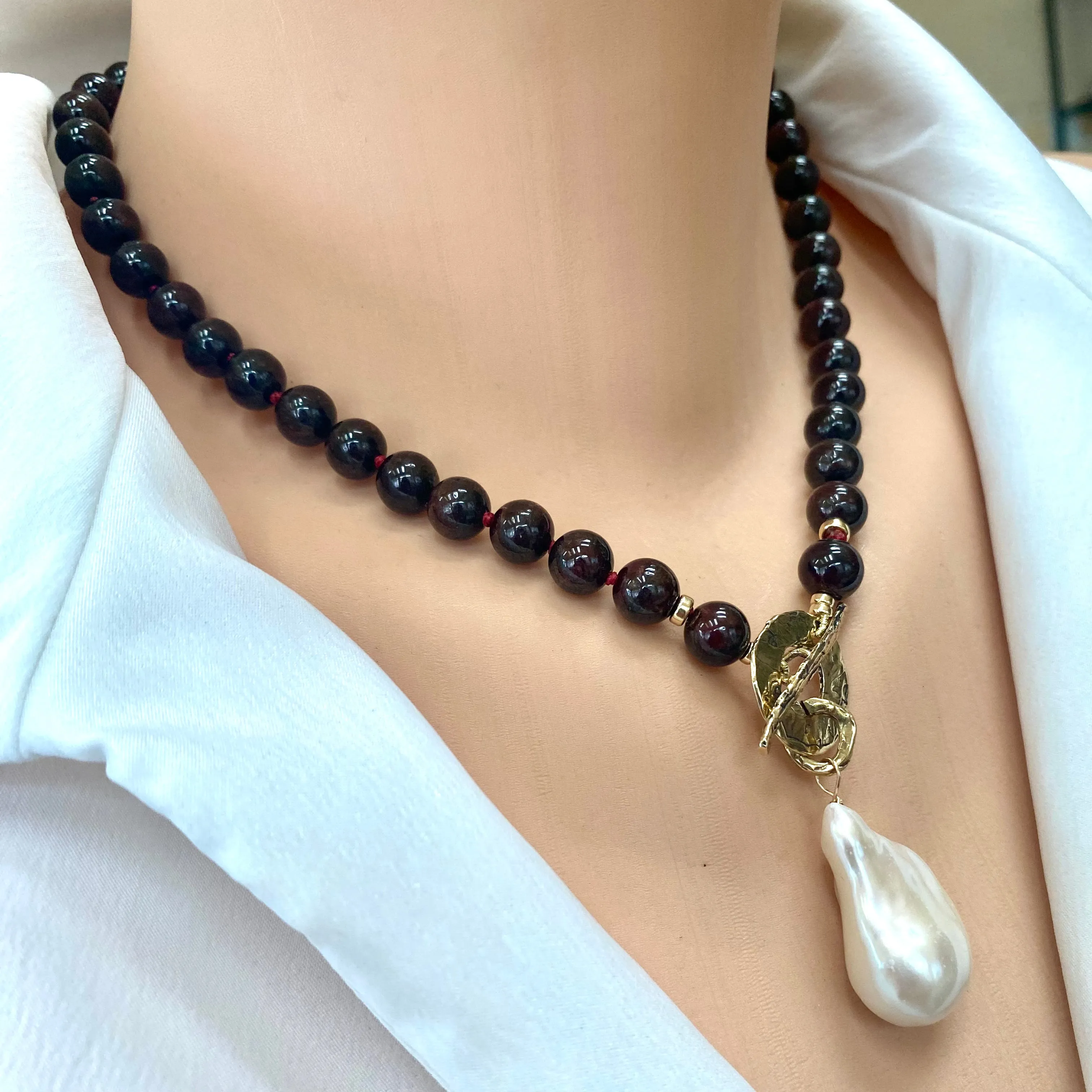 Garnet Toggle Necklace with Baroque Pearl Pendant, Gold Bronze & Gold Filled, January Birthstone, 17.5in