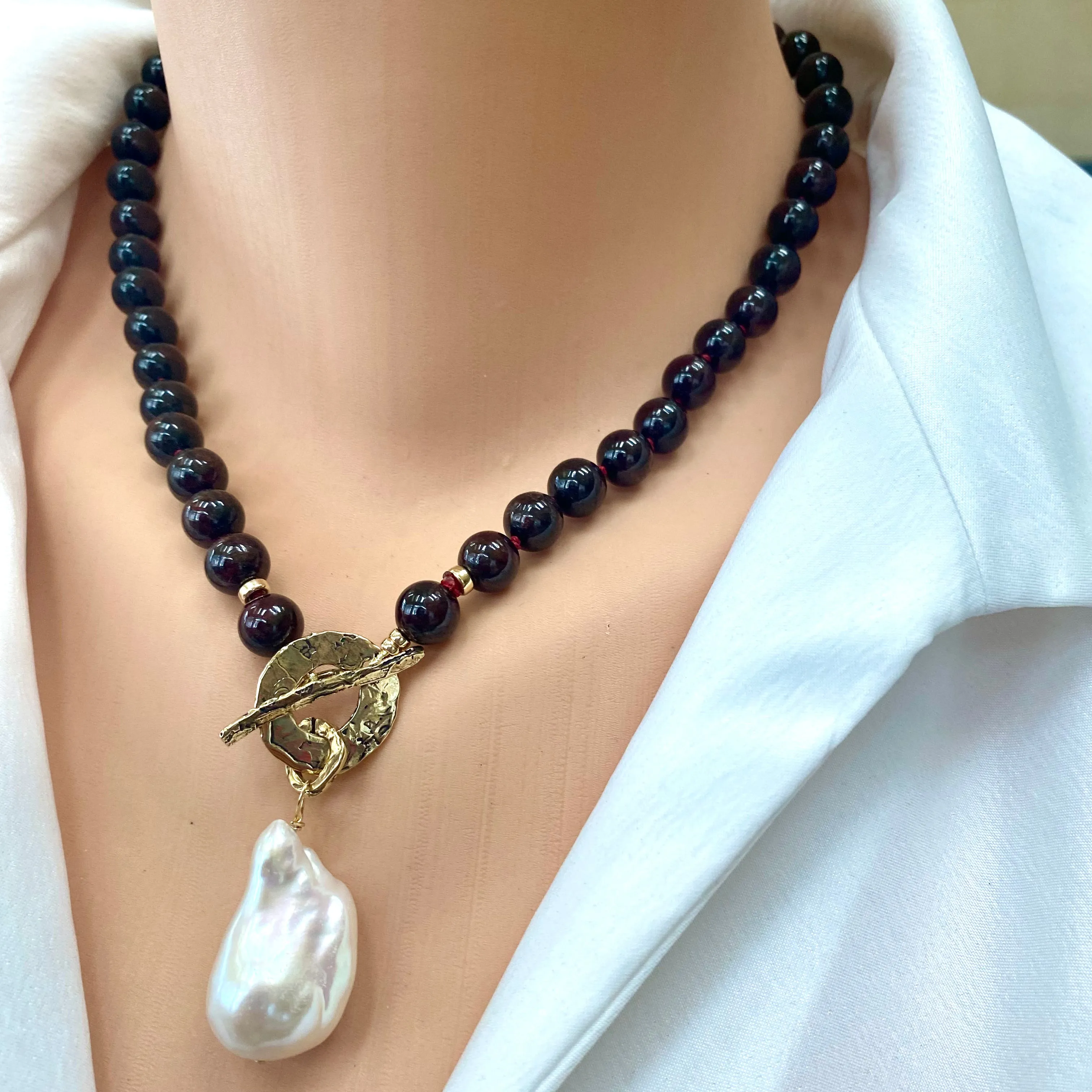 Garnet Toggle Necklace with Baroque Pearl Pendant, Gold Bronze & Gold Filled, January Birthstone, 17.5in