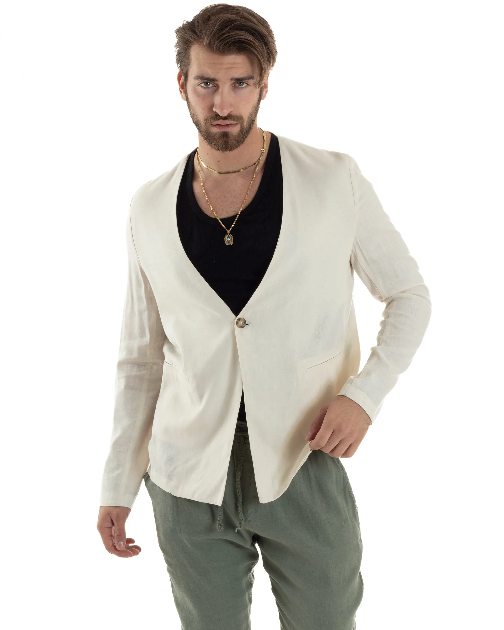 Giacca Uomo Monopetto In Lino Senza Revers Scollata Elegante Casual Tinta Unita Beige GIOSAL-G3195A